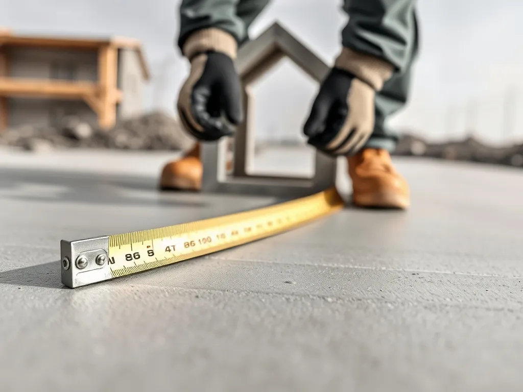 Ręce w rękawicach mierzą taśmą stalową świeżo wylany beton, pokazując dokładny pomiar powierzchni płyty fundamentowej
