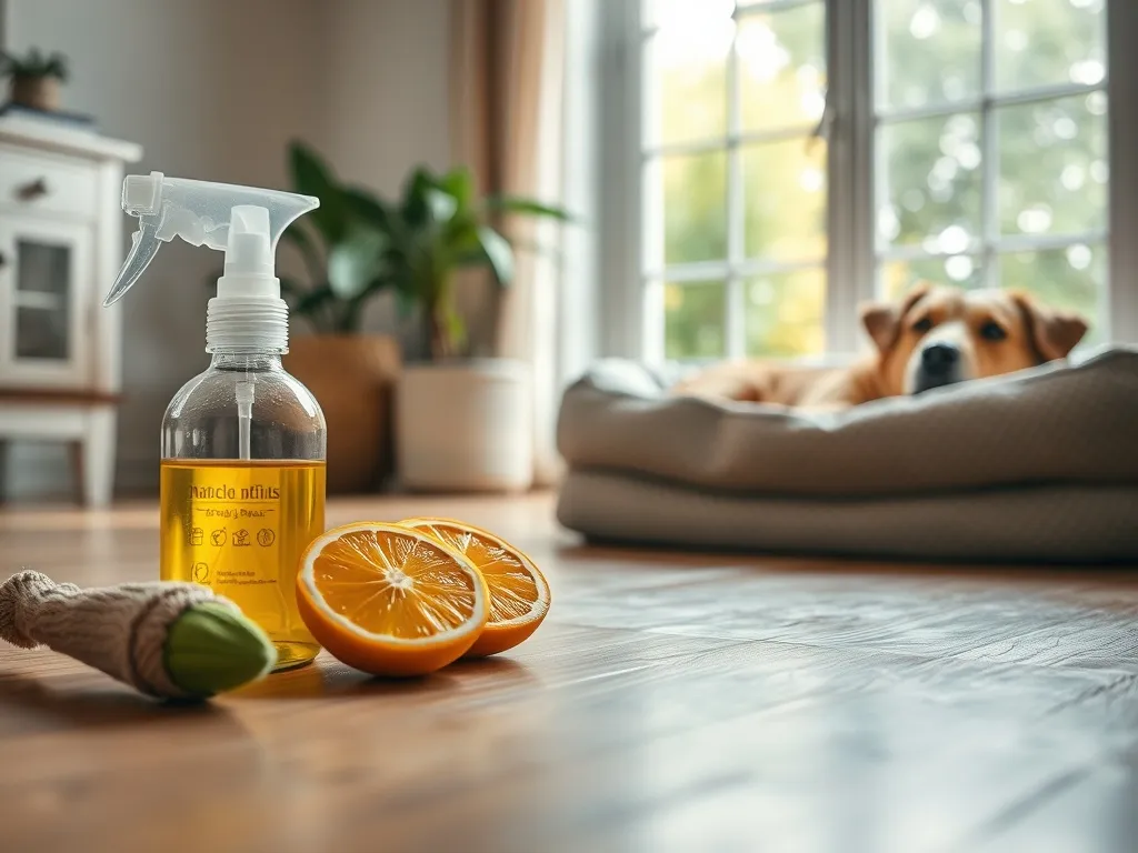 Naturalny spray i cytrusy na podłodze obok zabawki psa, w tle spokojnie leżący pies w czystym, przytulnym salonie.