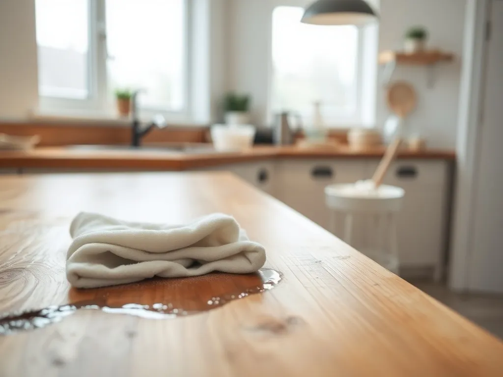 Spuchnięty, zawilgocony blat kuchenny z sodą oczyszczoną i ściereczką, sugerujący domową naprawę uszkodzonej powierzchni.