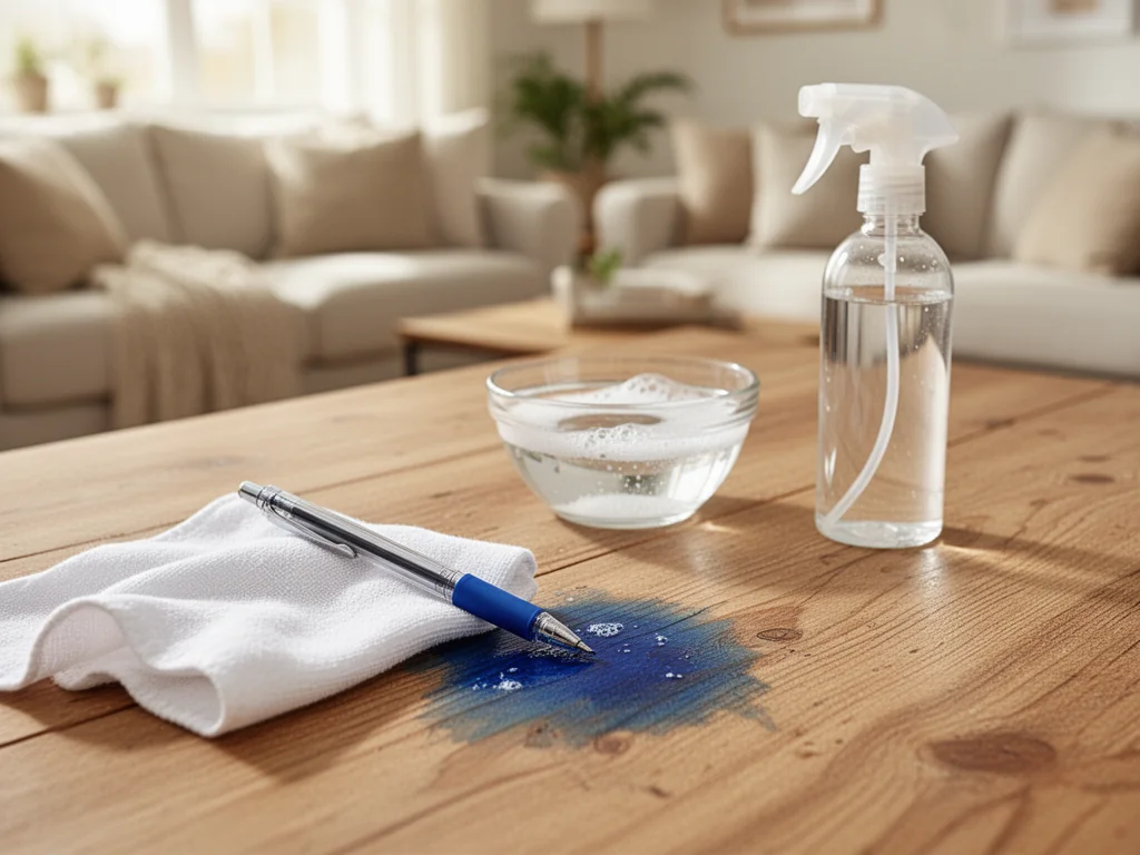 Usuwanie plamy z długopisu z drewnianego stołu miękką ściereczką, obok miseczka z wodą z mydłem i spray do czyszczenia.