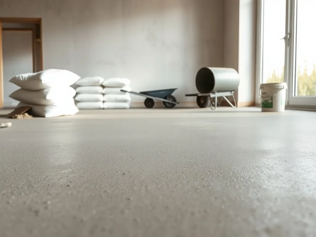 Świeżo wykonana wylewka betonowa z pacą i workami cementu w tle, ilustrująca wybór cementu na posadzki.