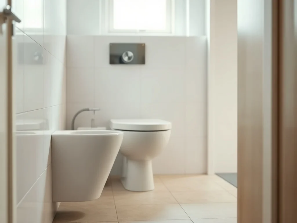 Miska WC podwieszana z widoczną odległością od podłogi, ilustrująca prawidłową wysokość montażu stelaża Geberit.